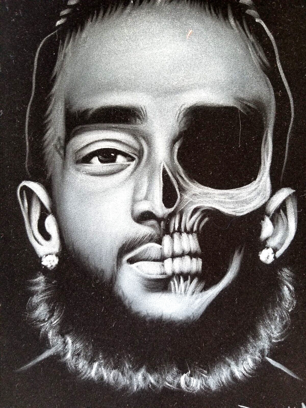 Nipsey Hussle, size 16″x11″, oil on black velvet
