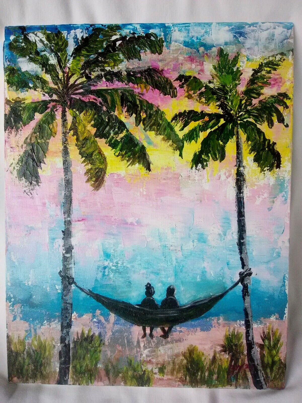 Original Acrylic Painting Couple on Hammock Pam Trees 11X14 Canvas Coastal Art