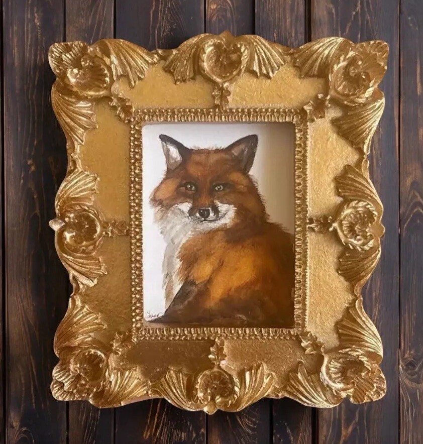 Red Fox watercolor print in mini gold vintage style ornate frame