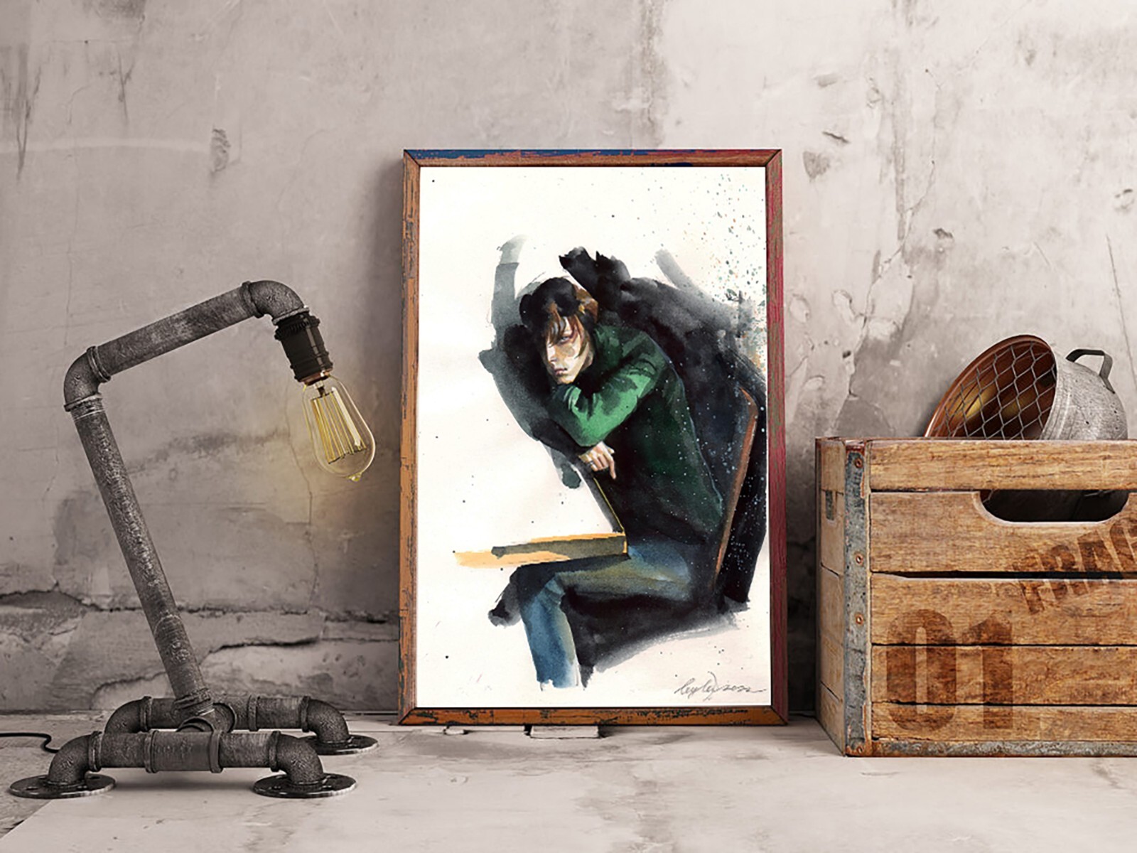 Expressive Watercolor Painting Male Sitting Portrait Modern Home Decor