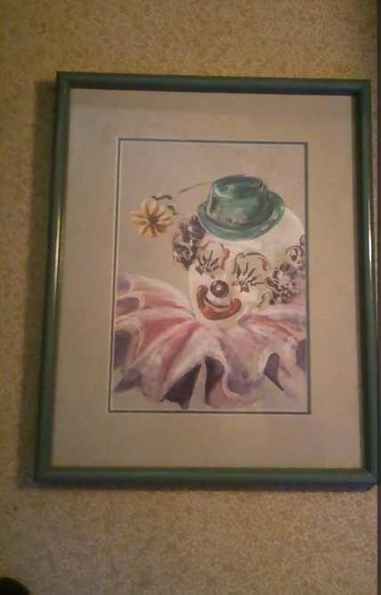 Circus Clown Smiling With Flower In Hat Colorful Art Framed Signed Pharaby 1987