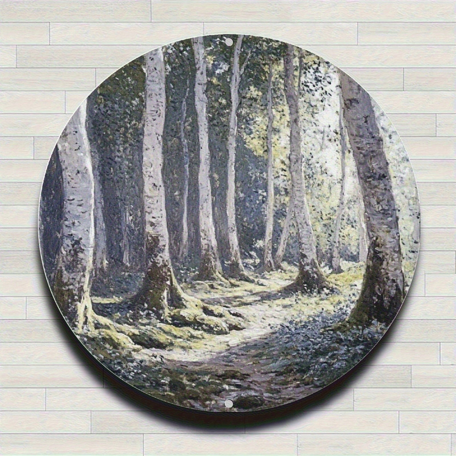 Forest Scenery Birch Trees Round Aluminum Foil Painting