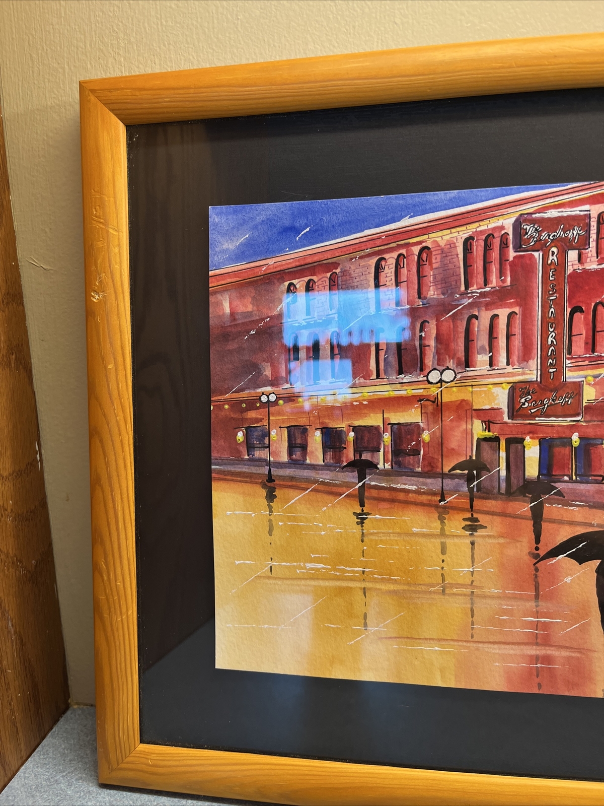 Signed Primary Colorss Rainy Cityscape Framed Print by L. Betz 16″x12″