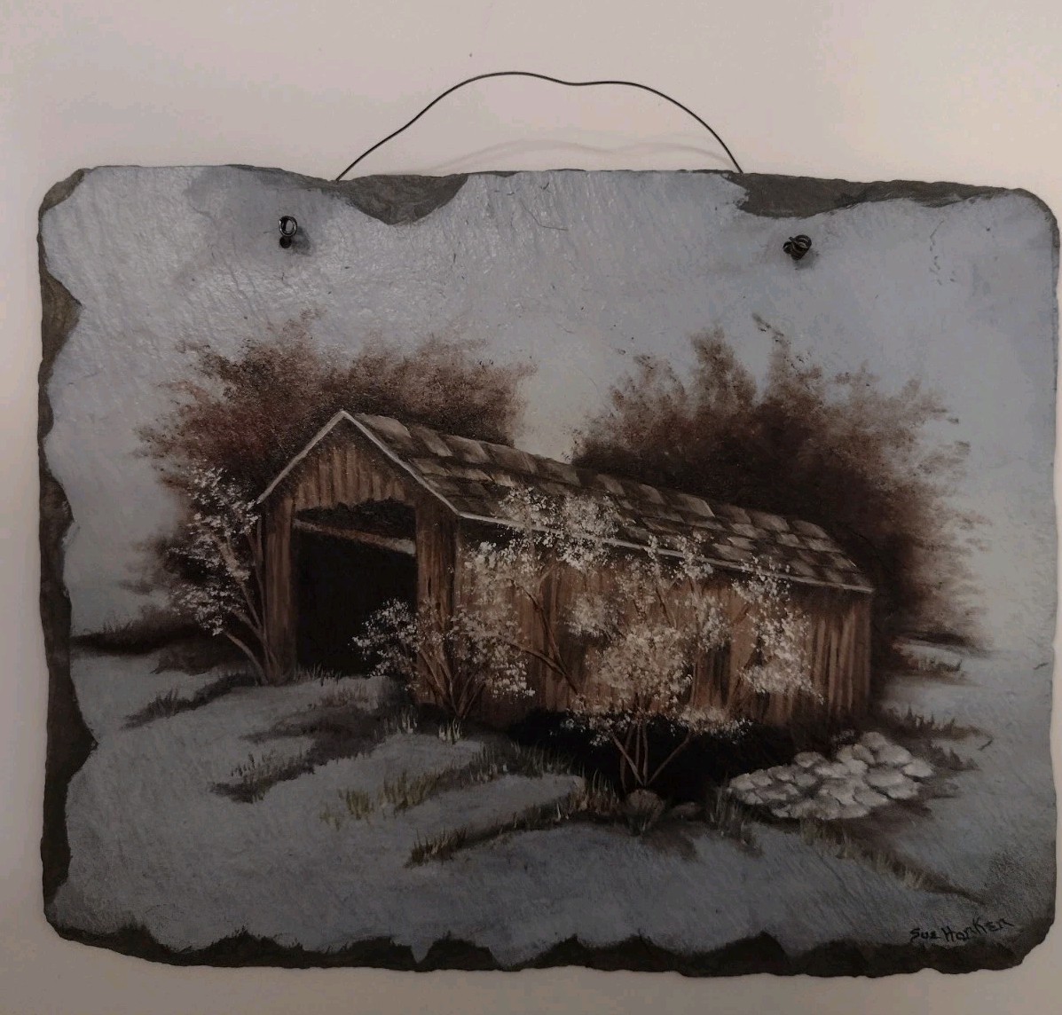 Antique Roof Slate Original Painting Covered Bridge Artisan Wall Art 12×9.5″