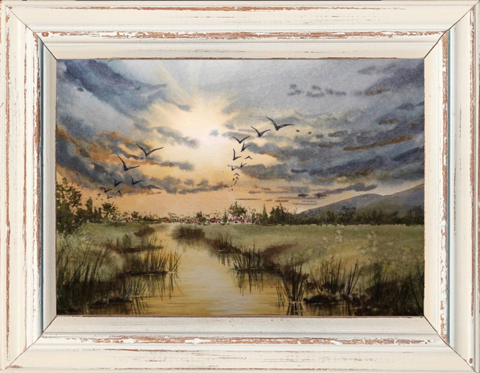 GEESE FLYING CLOUDY SKY Original Artwork Painting Landscape DUCKS FLY SUN GiftA4