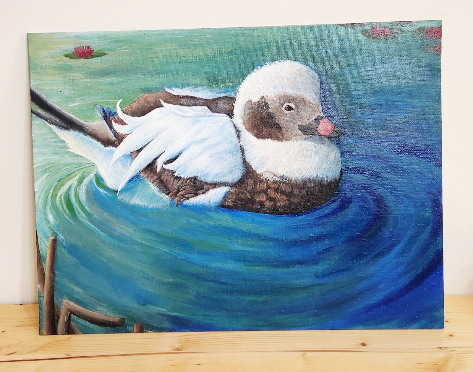 Acrylic Hand painted Duck On Canvas Panel (Flat Canvas)-Size: 16×12 Unframed