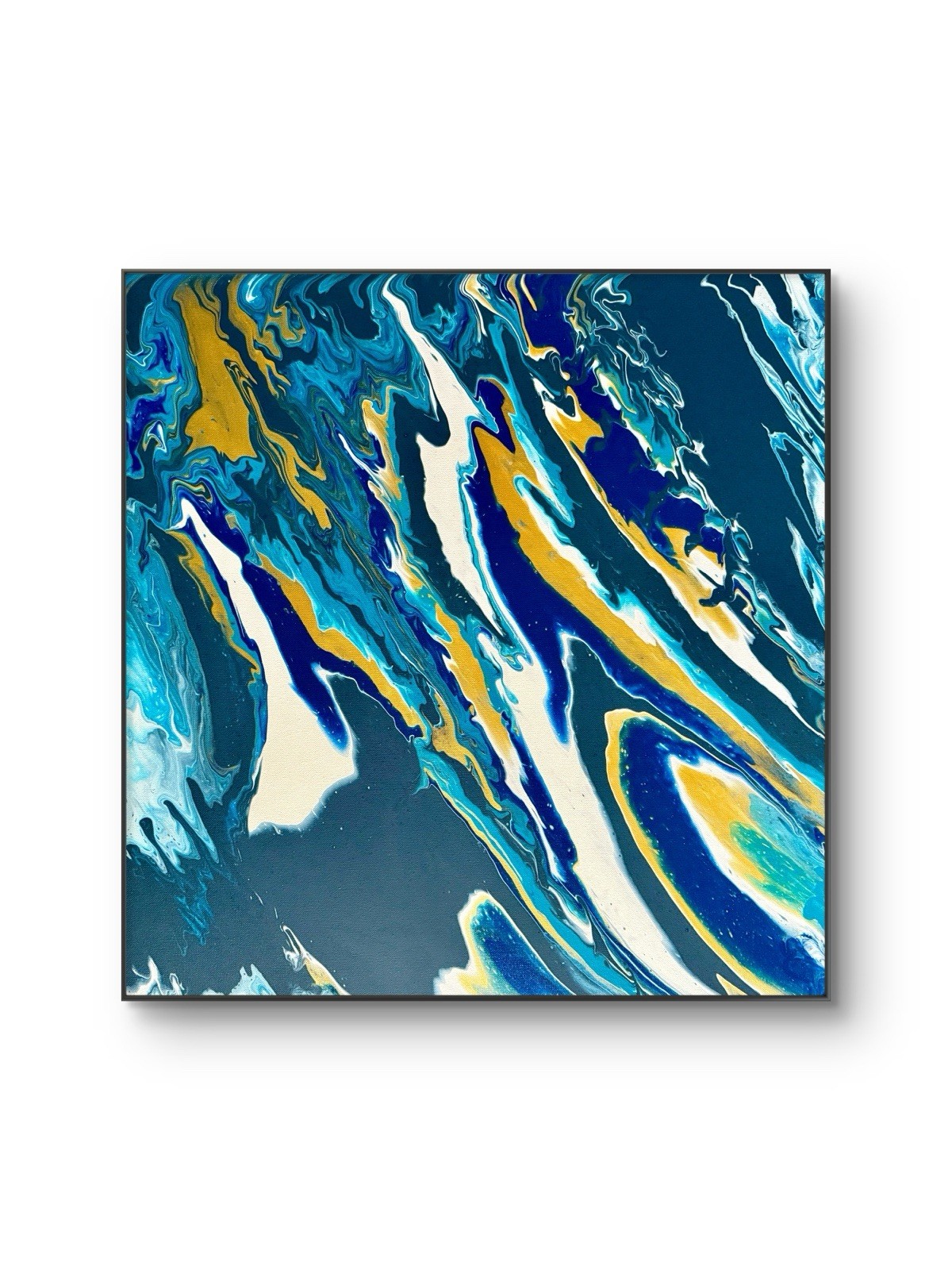 Original 24×24 Abstract Acrylic Pour Painting Teal Blue Yellow Modern Wall Art