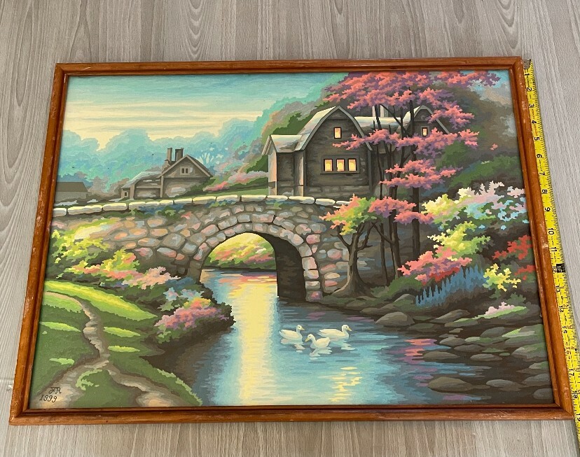 Paint by Numbers PBN Signed JR Acrylic Painting Swan Scene Framed 19×23″ (1999)