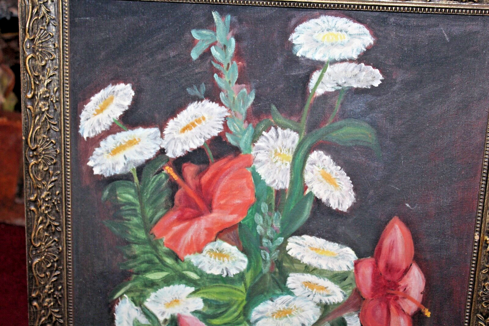 Vintage Flower Oil Painting Shabby Chic Colorful Flowers In Vase Framed