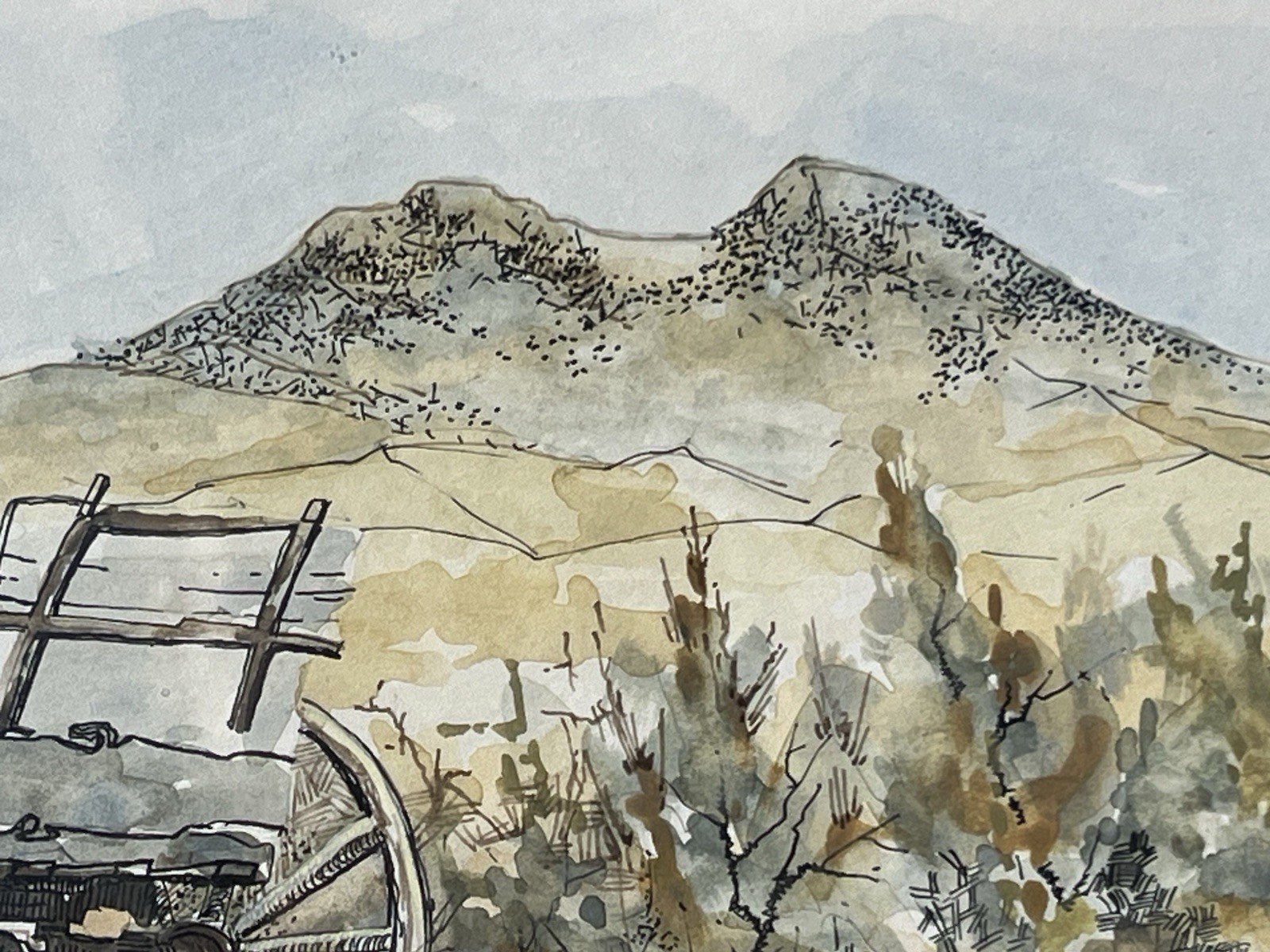 Old Wagon at Heart Mountain Cody Wyoming Framed Watercolor SIgned ES Baird 1987