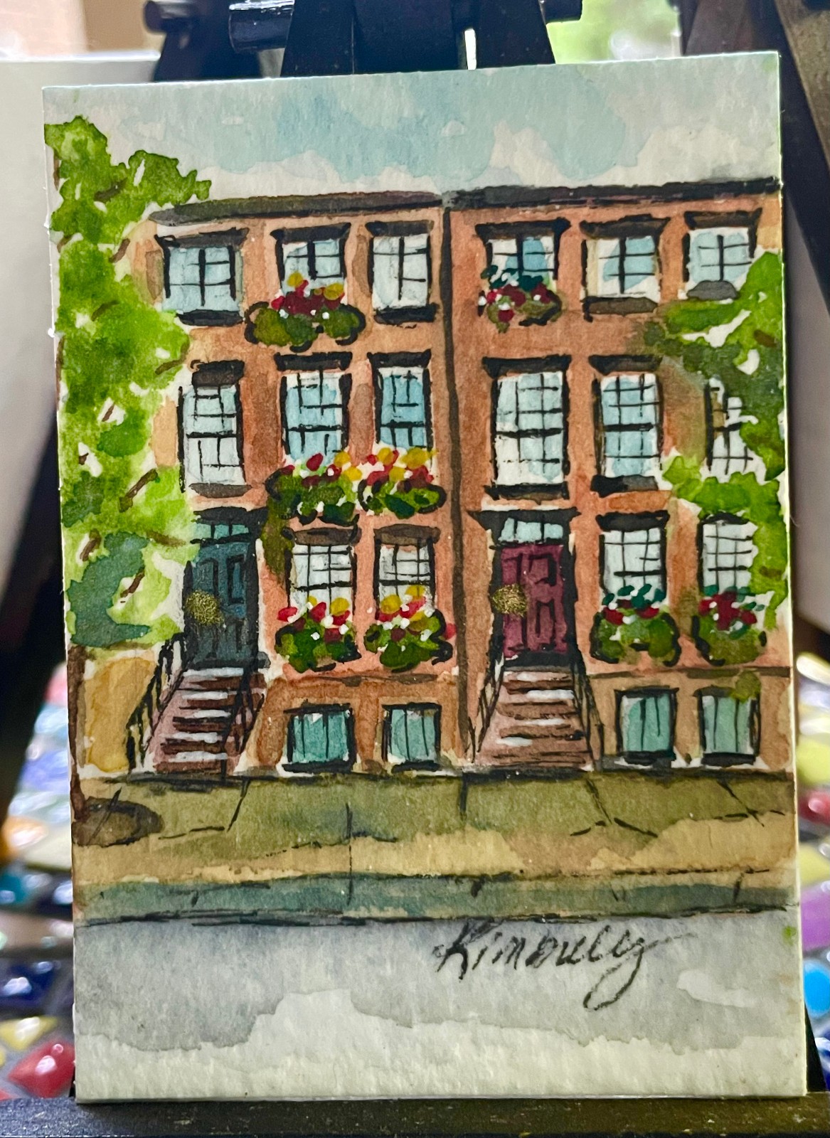 ACEO Original Brownstone Charming NYC Watercolor by Kimberly Tyson Art