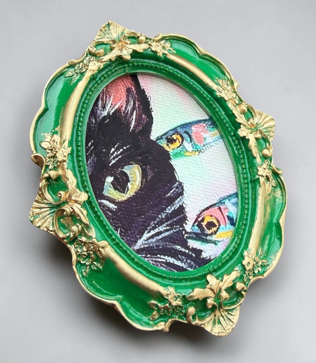 “Cat 🐈‍⬛ Snacks” custom mini framed animal print in vintage style ornate frame