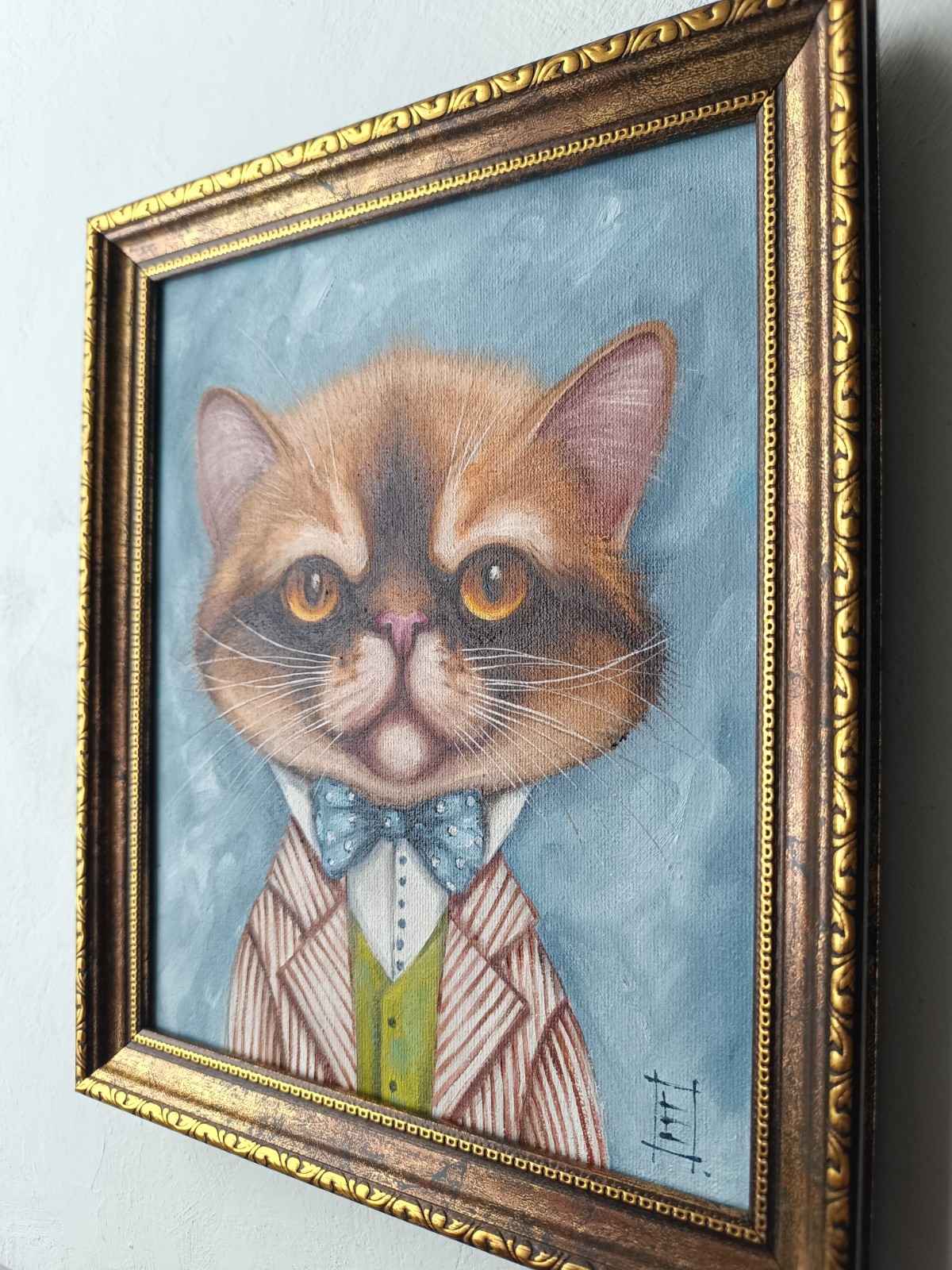 Dapper Tom Cat Original Oil Painting Framed Wall Art 8×10 in