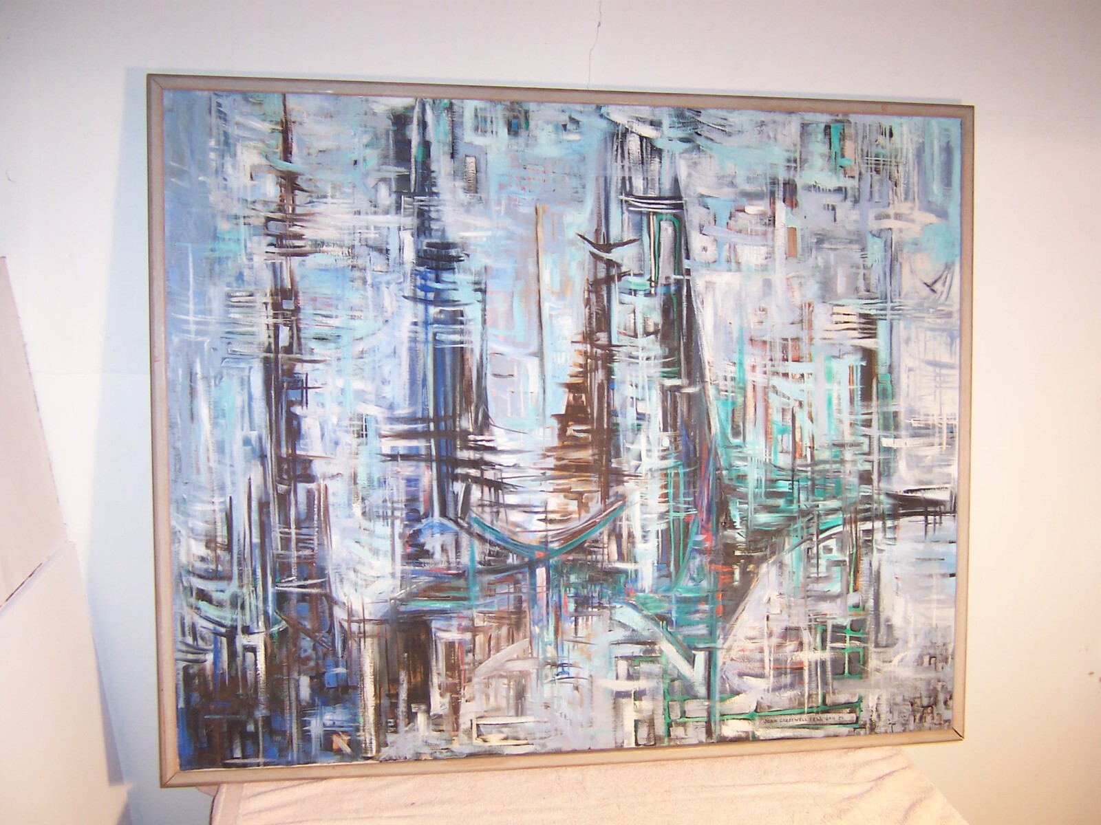 Large Vintage Original Mid Century Modern Abstract Cityscape Oil Painting 1959