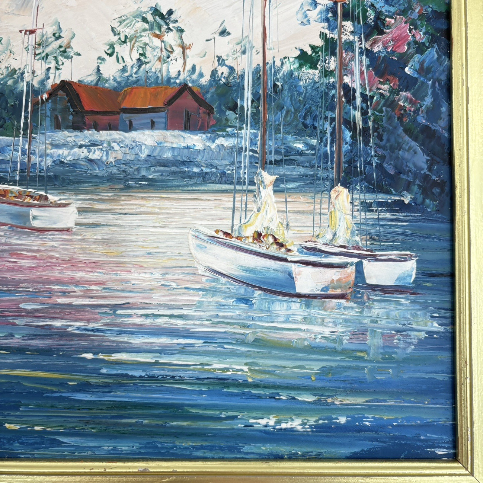 Vintage Sailboat Harbor Seascape Oil Painting Palette Knife Impasto Framed Art