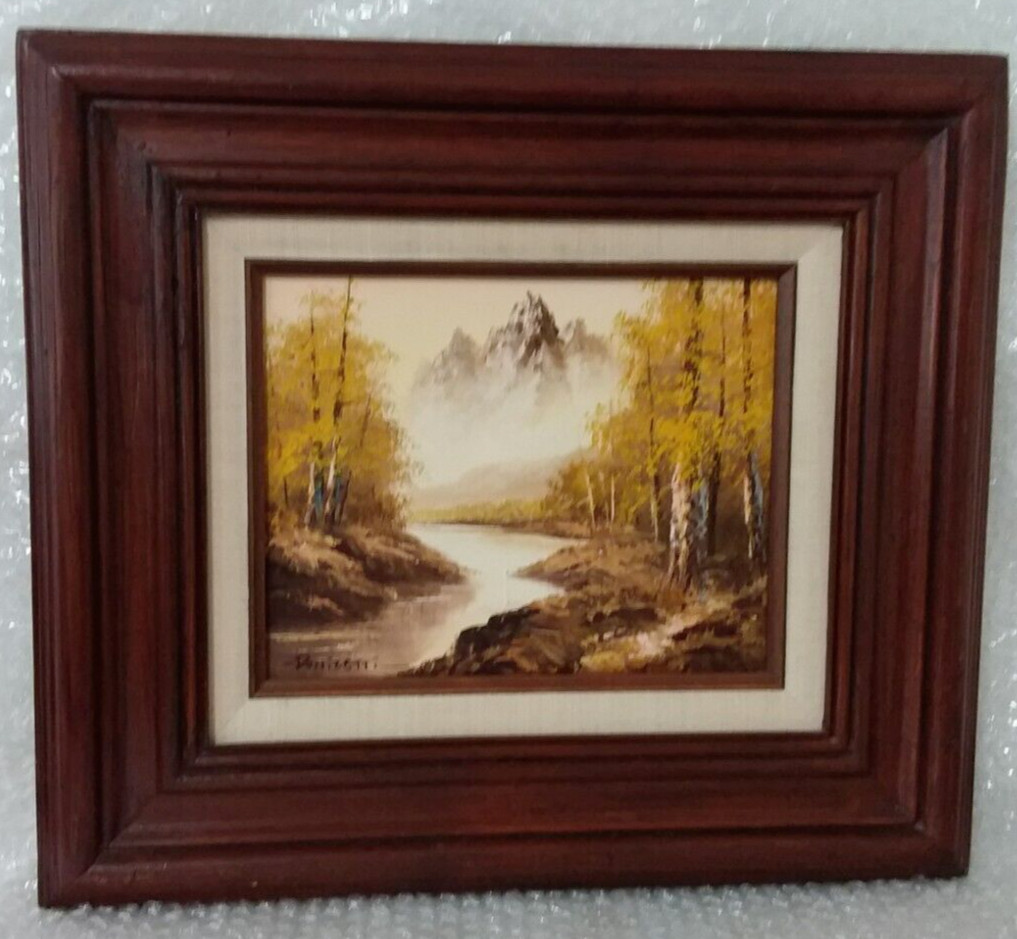 Vintage 8″x10″ Oil on Canvas Landscape Autumn Mountain & Stream-Framed & Signed