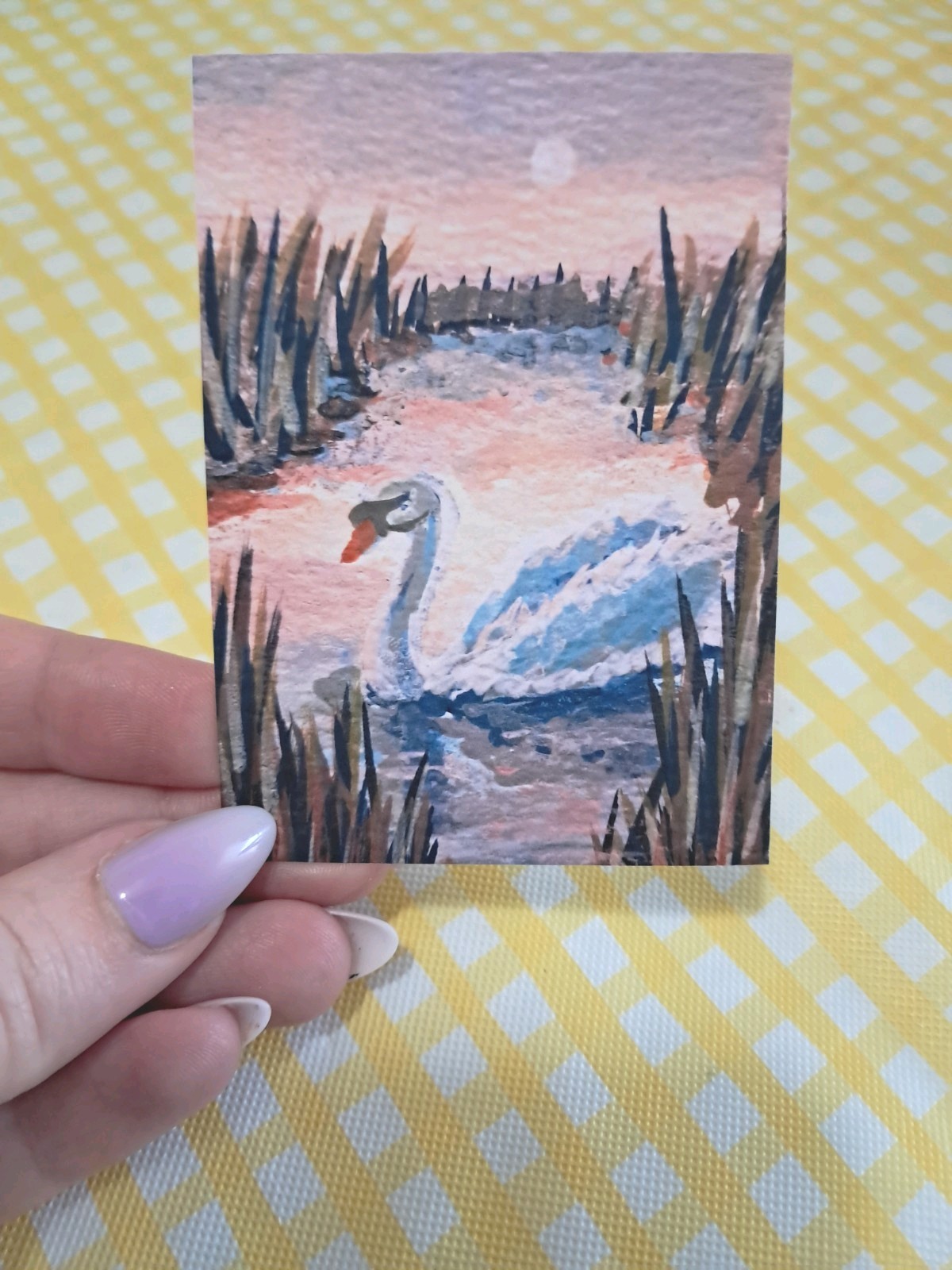 PRINT ACEO Swan Twilight Lake Moon Painting 2.5×3.5 | Heartandhorizonart