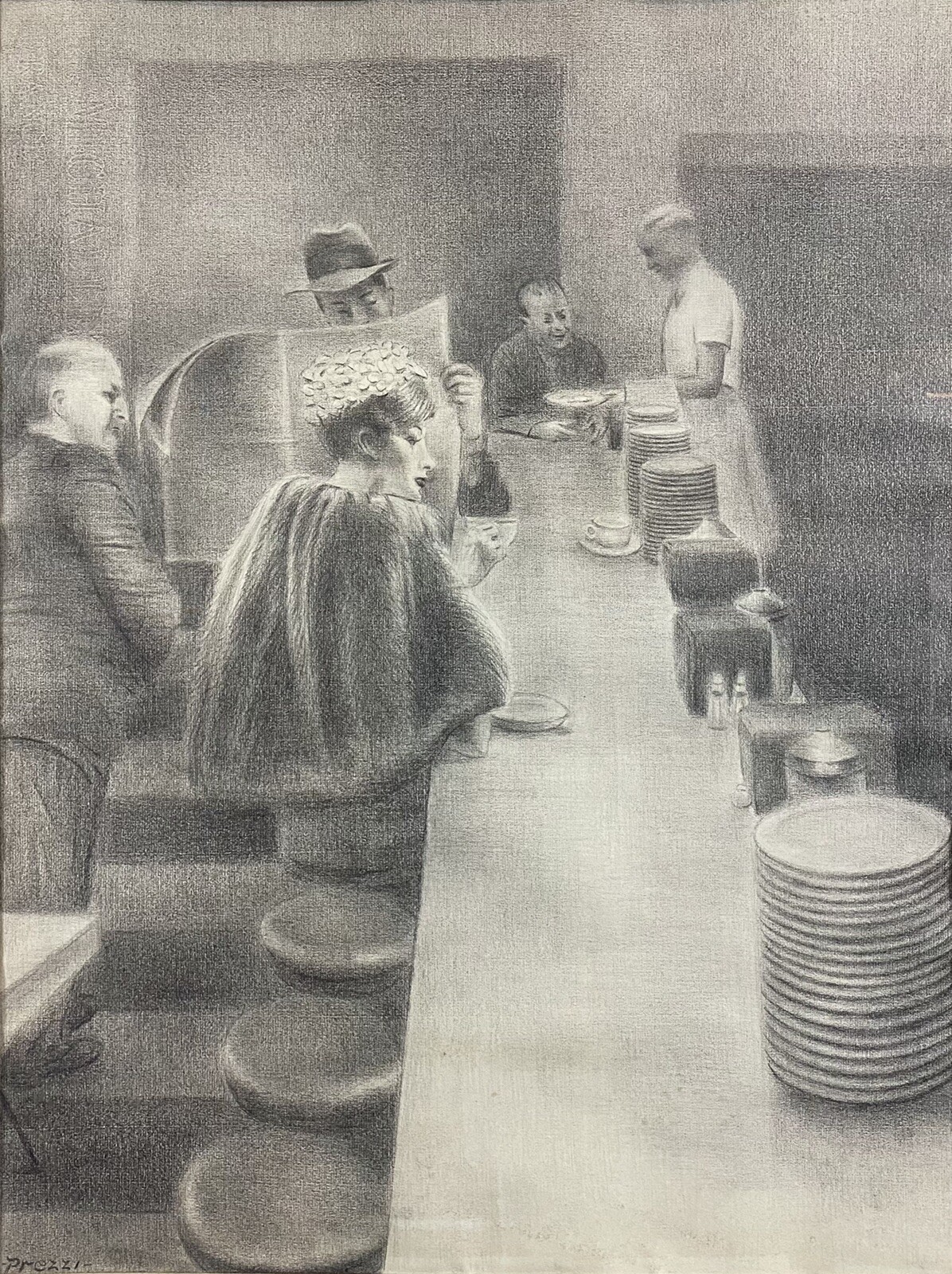 c. 1940 Wilma Prezzi Female WPA Regionalist Drawing City Diner Nighthawks Hopper