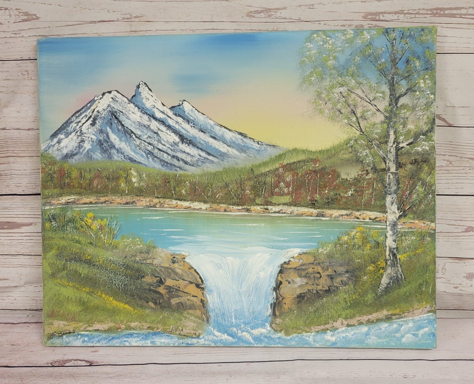 Original Canvas Oil Painting Snowy Mountain Lake Waterfall Landscape Signed Art