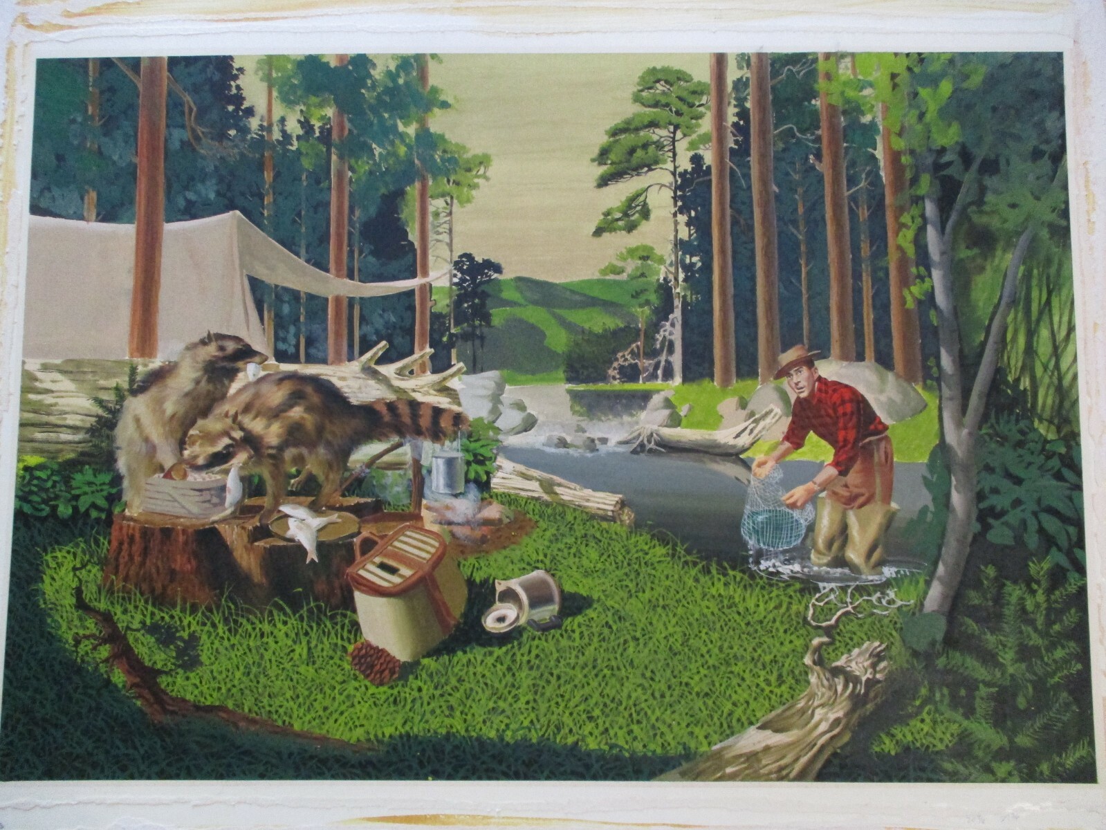 VINTAGE ILLUSTRATION PAINTING AMERICAN FISHERMAN FISHING CAMP LANDSCAPE LARGE
