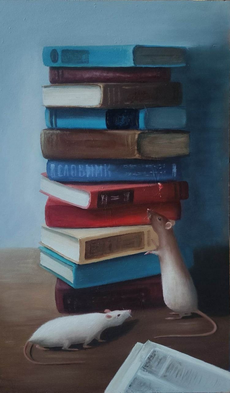 art 623 Original Oil Painting White Rats and Books – 19.7×11.8 in/50×30 cm Pets