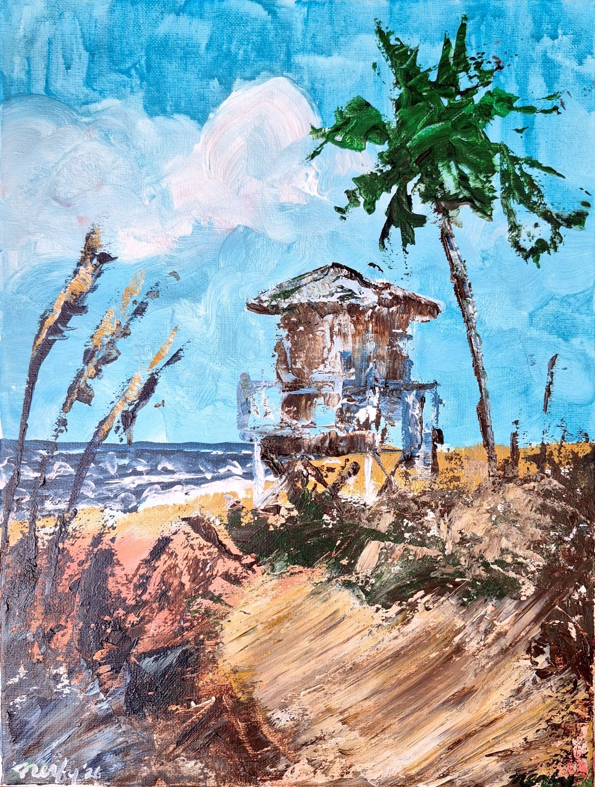 Original Coastal 11×14 Abstract Expressionist Signed Acrylic Canvas Decor B035