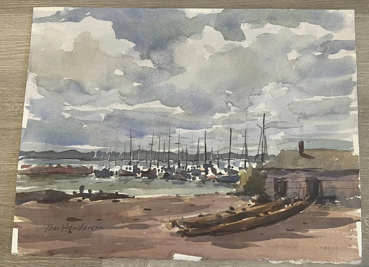 Tom Henderson Original Watercolor Seaside/Boats Original Painting Santa Barbara?