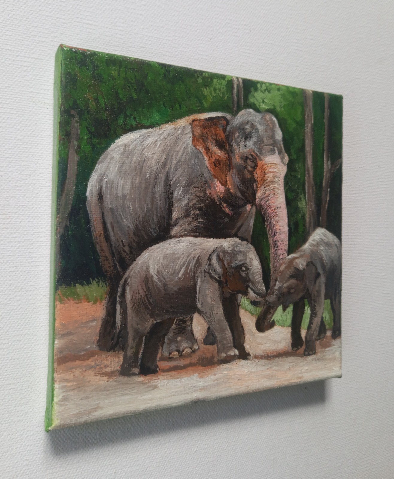 Original Handmade Canvas Art – Elephant Family (Mother with Two Baby Elephants)”