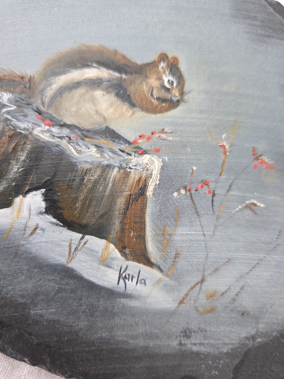 Chipmunk Vtg Signed Painting Hand Painted Art Slate Stone Slab Cottage Snow