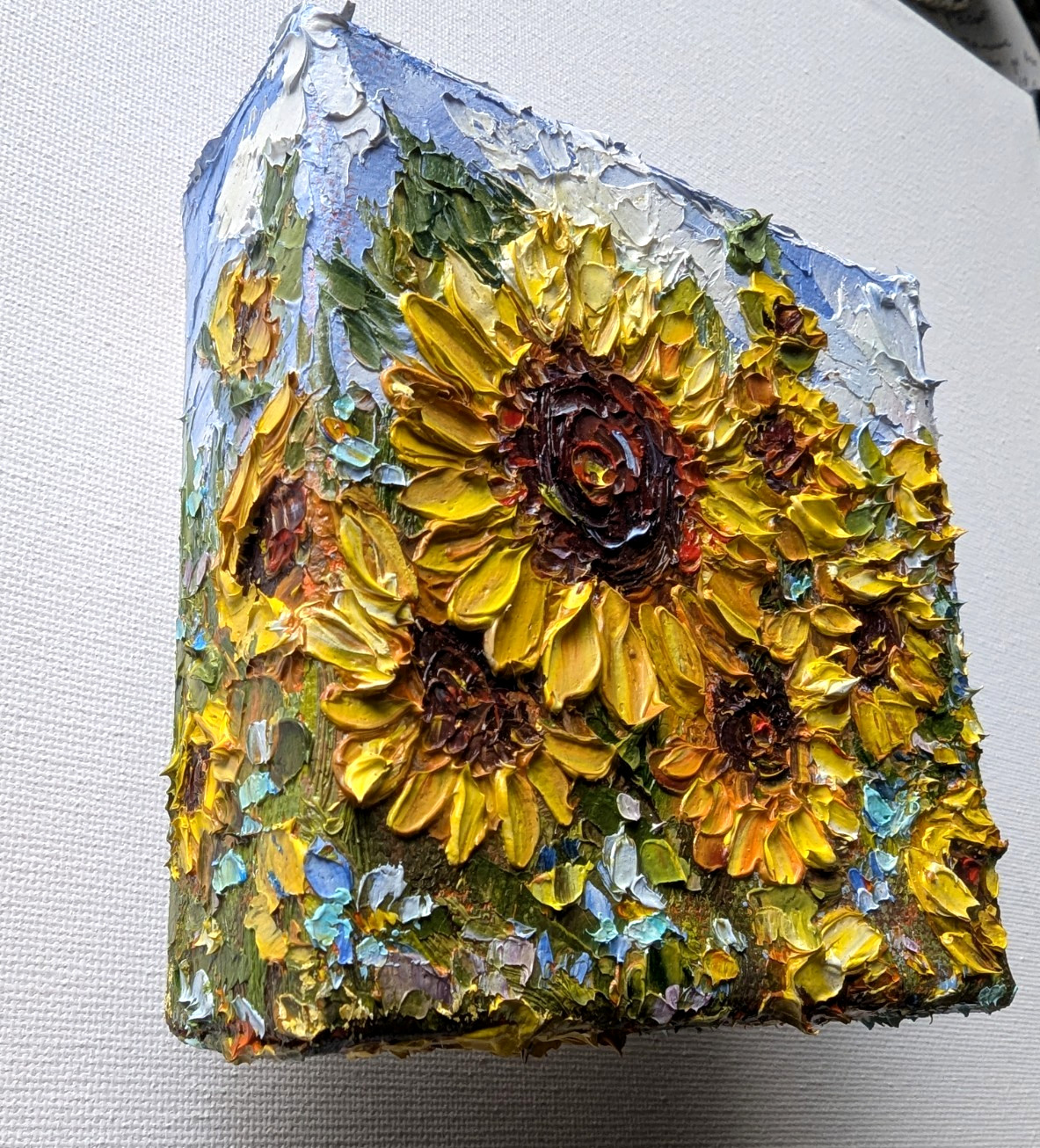 ORIGINAL OIL impasto Painting «Sunflowers» 4″X4″ X 1.5″ by Olga Diduh.