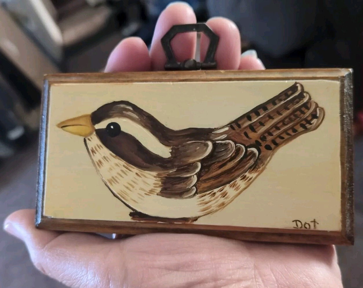 Wall Art Small Sparrow Painting On Wood Block 4.5×2.25 In Signed DOT Doll House