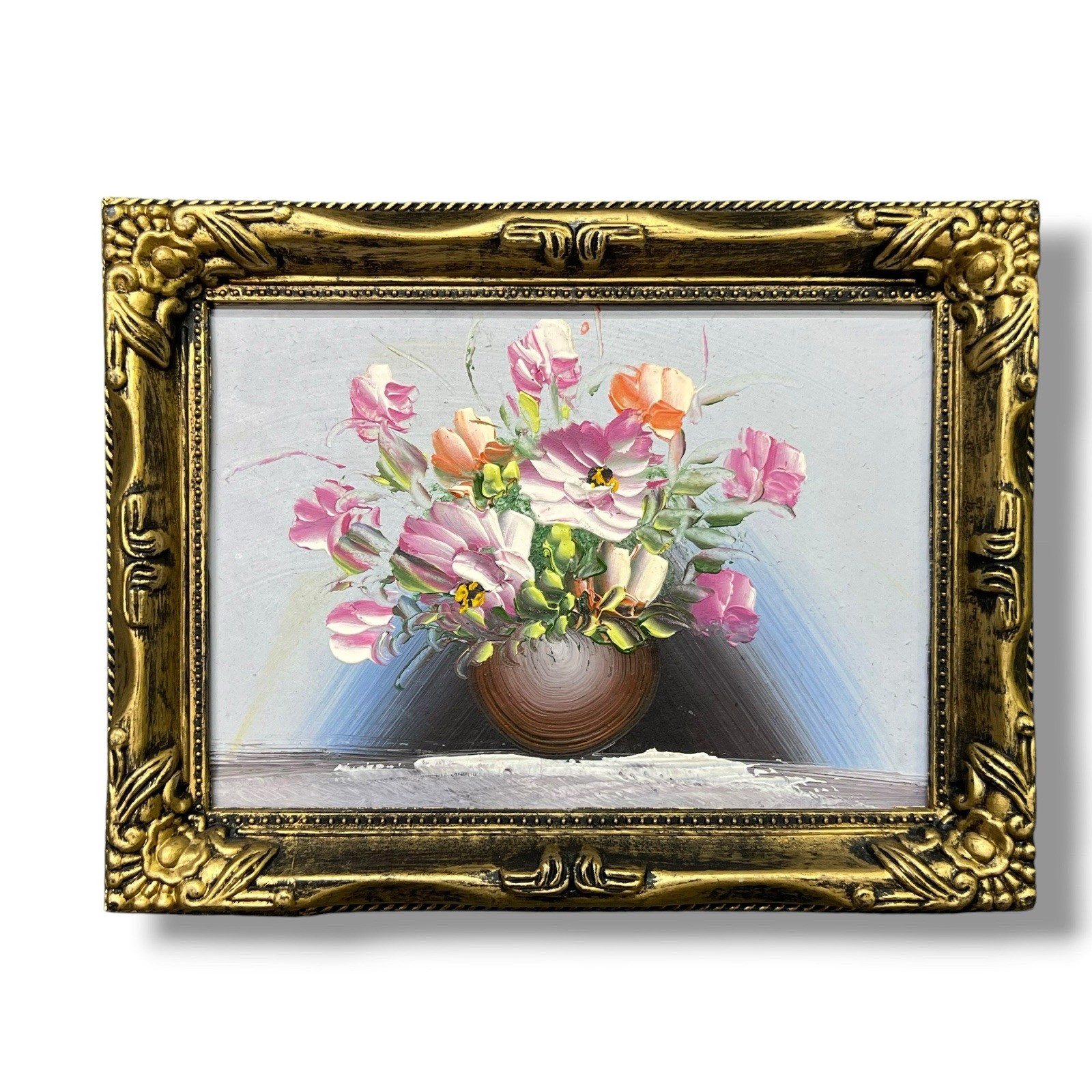 Vintage Miniature Small Oil on Board Floral Bouquet Vase Still Life Gold Frame
