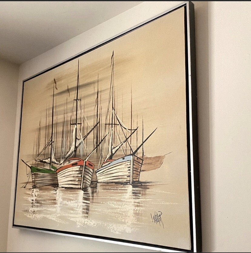 fishing boats signed by walker oil painting on canvas dimensions :41 x 2 x 31”