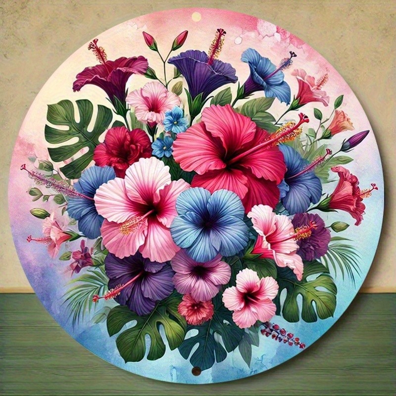 Tropical Hibiscus Pink Floral Round Aluminum Wall Decor Pre-Drilled