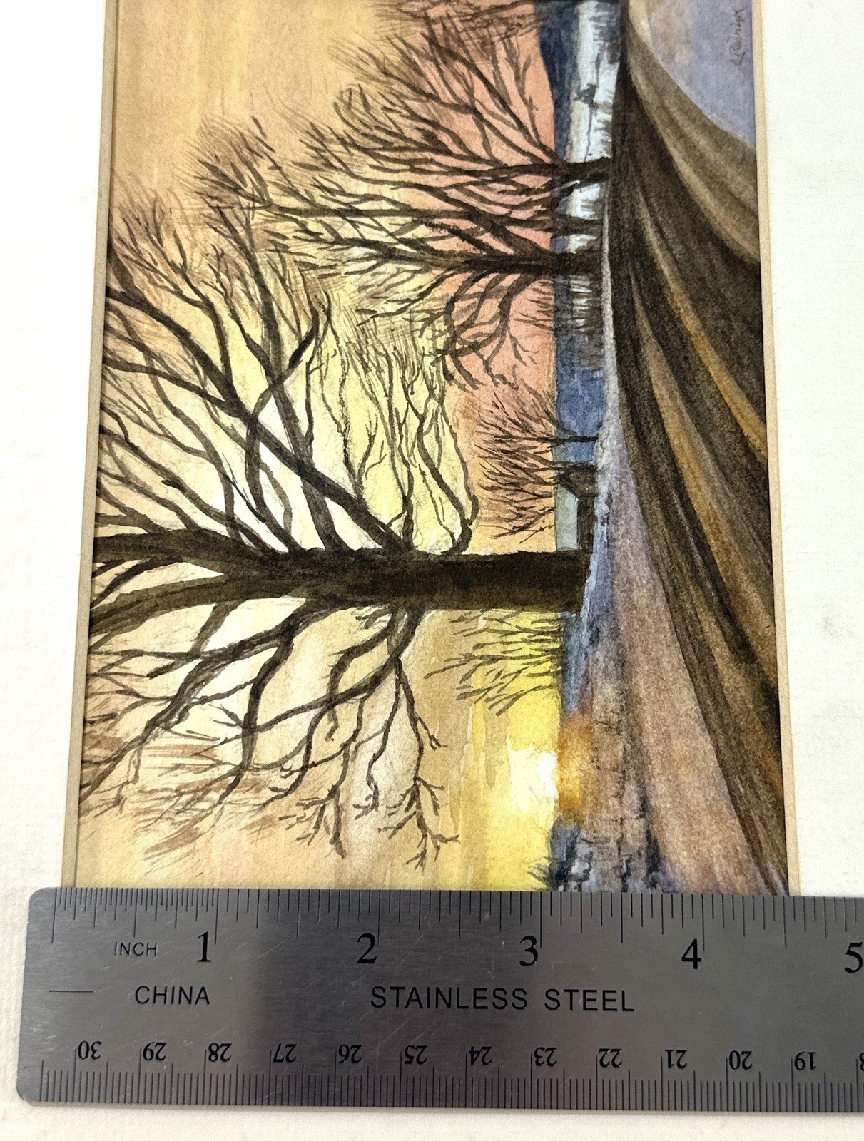 Winter Landscape Watercolor Painting Illegible Signature Matted 10×8 Sunset