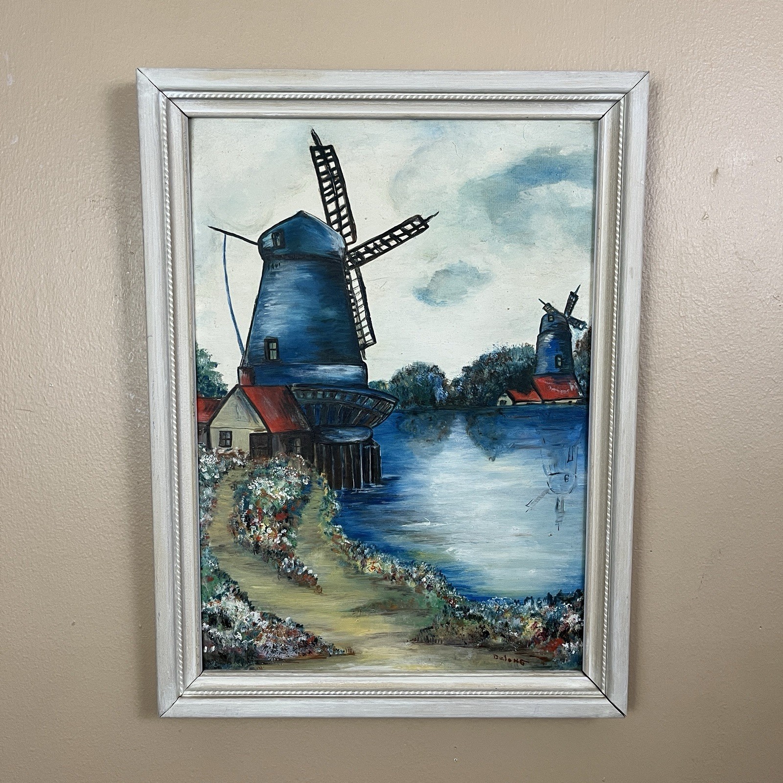 Vintage Dutch Windmills on River Scene Landscape Oil Painting Framed Signed