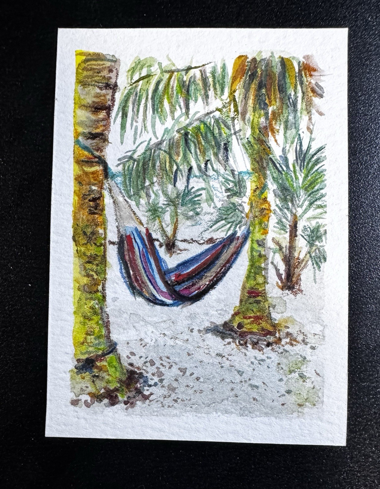 Original ACEO Hammock Between Palm Trees On Beach By KatBergman 2.5×3.5