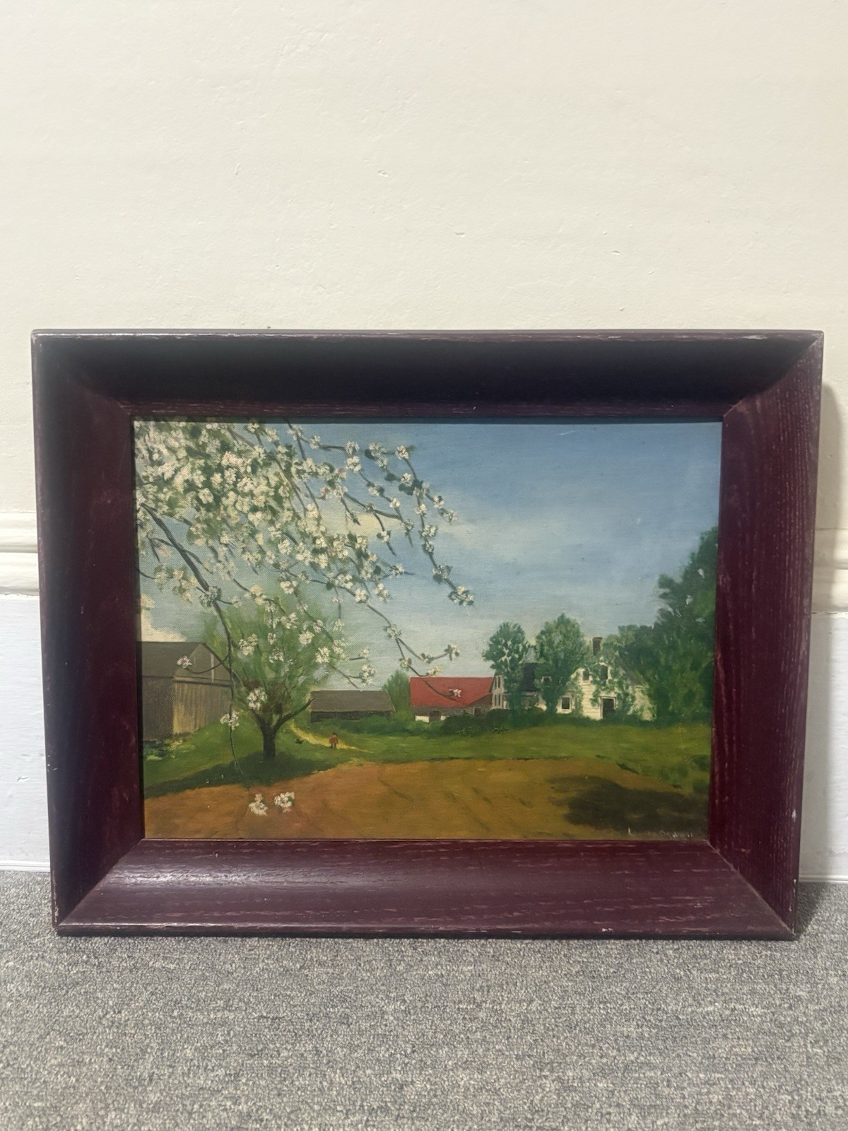 Artist Signed Oil On Board Folk Art Landscape Painting