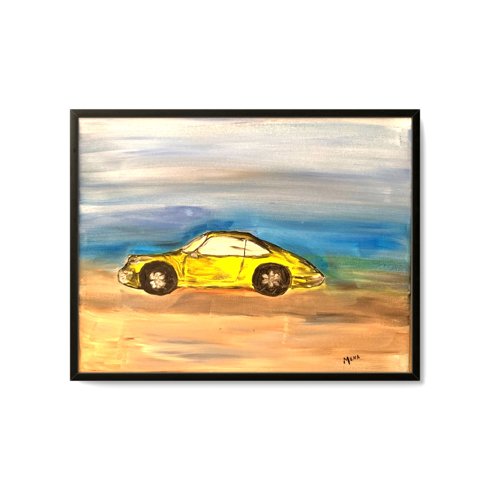 Cars Yellow Porsche on the Track 11×14 Original Interior Art on Canvas by Mena