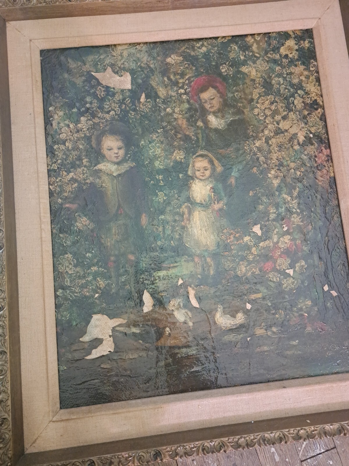1800s Antique Oil Painting: Children in Garden, Protected Poly, Heirloom, Loved