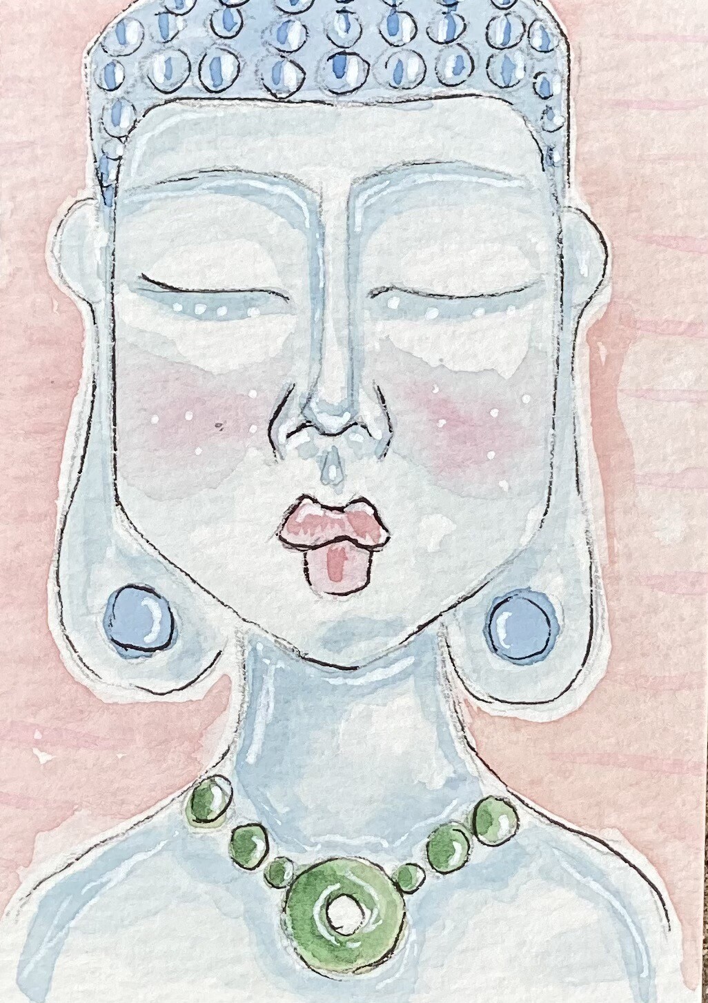 ACEO Buddha Collectors Card, Ooak, Watercolor Ink, Pink Pretty Zen Meditation