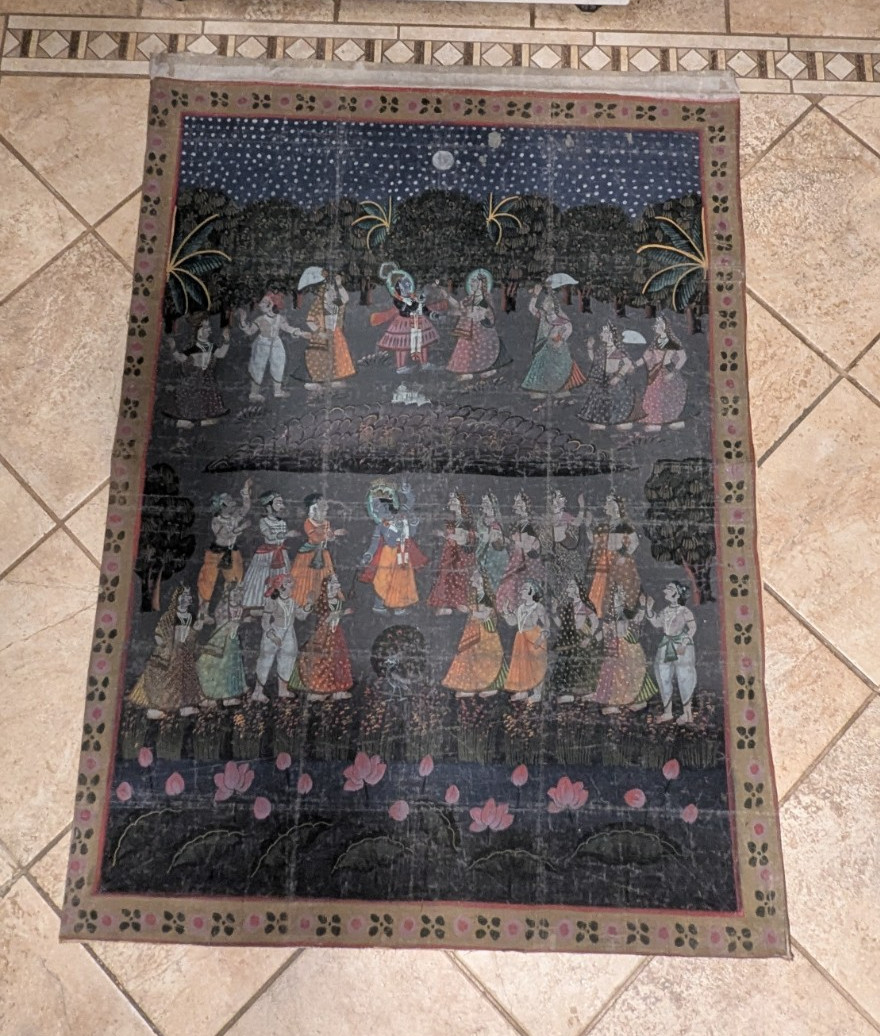 Indian Krishna Ras Leela Pichwai Style Hand Painted Cloth Wall Hanging