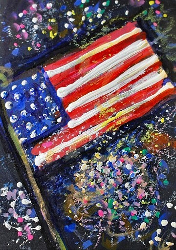 ACEO Original Painting USA FIREWORKS Summer Night American Flag July 4 ATC ART