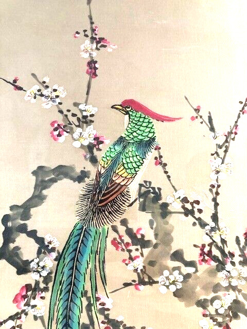 Antique Painted Silk Asian Bird Painting From Vietnam Handpainted & Custom Frame