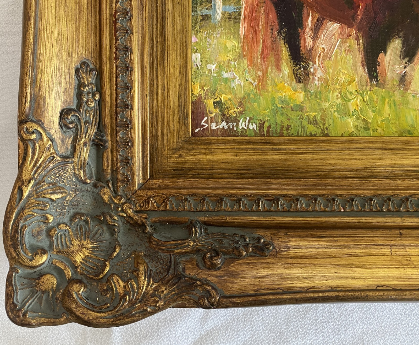 Impressionist Original Oil Painting – Horse grazing in meadow- Ornate Gold Frame