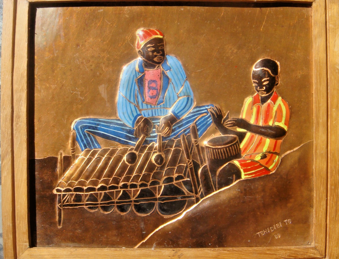 African Relief painting on copper signed by the Congolese artist Guycha Tshidibi