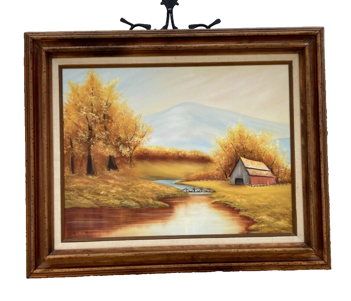 Autumn Landscape Oil Painting Orange Foliage on Canvas Framed Barn Shed