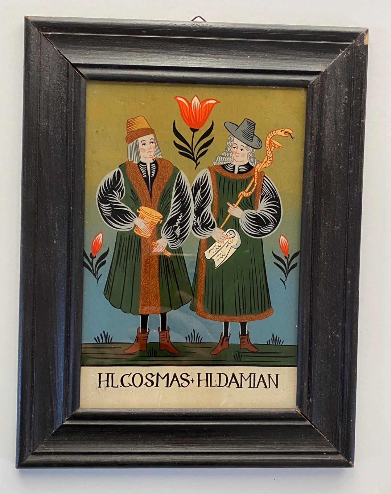 Original old back glass picture HL. COSMAS HL. DAMIAN