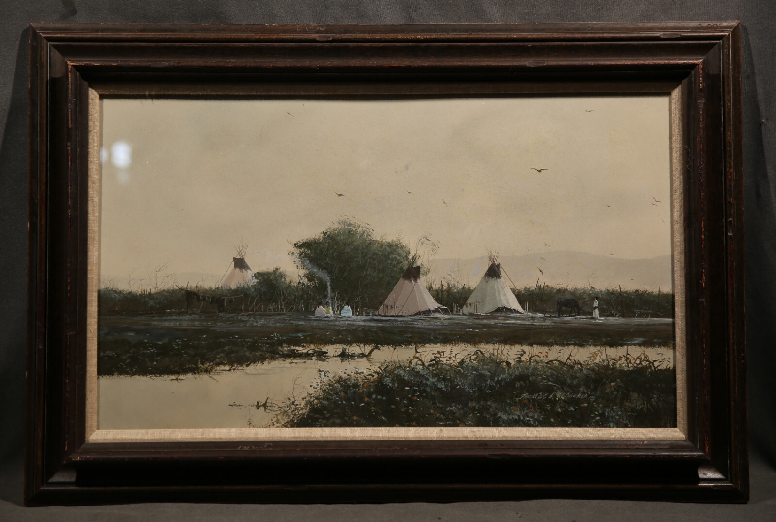 American Crow Gouache Painting of Native American Tipi Tents Encampment Antique