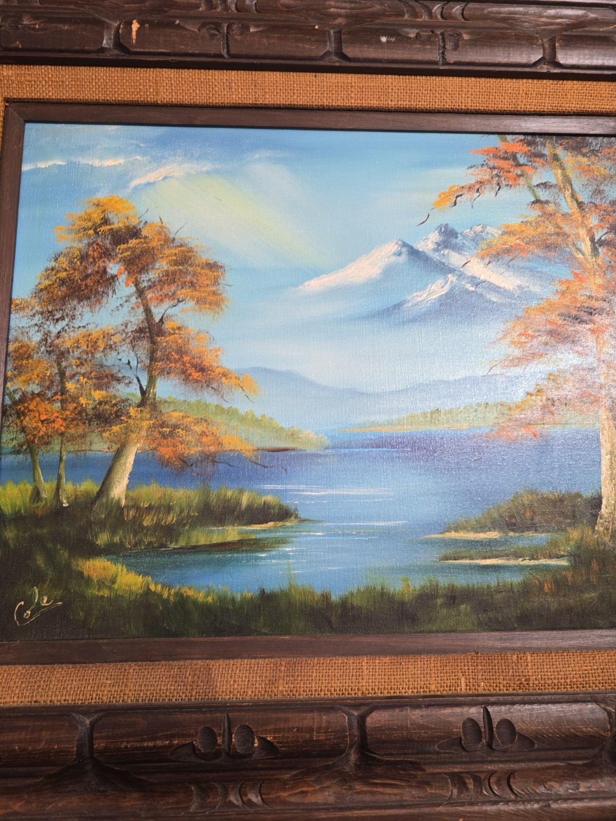 Vintage 70s Mountain Lake Landscape Oil Painting Signed Cole Carved Wood Frame